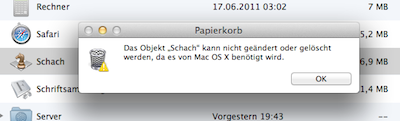 The object "Chess" cannot be modified or deleted because it is required by Mac OS X.